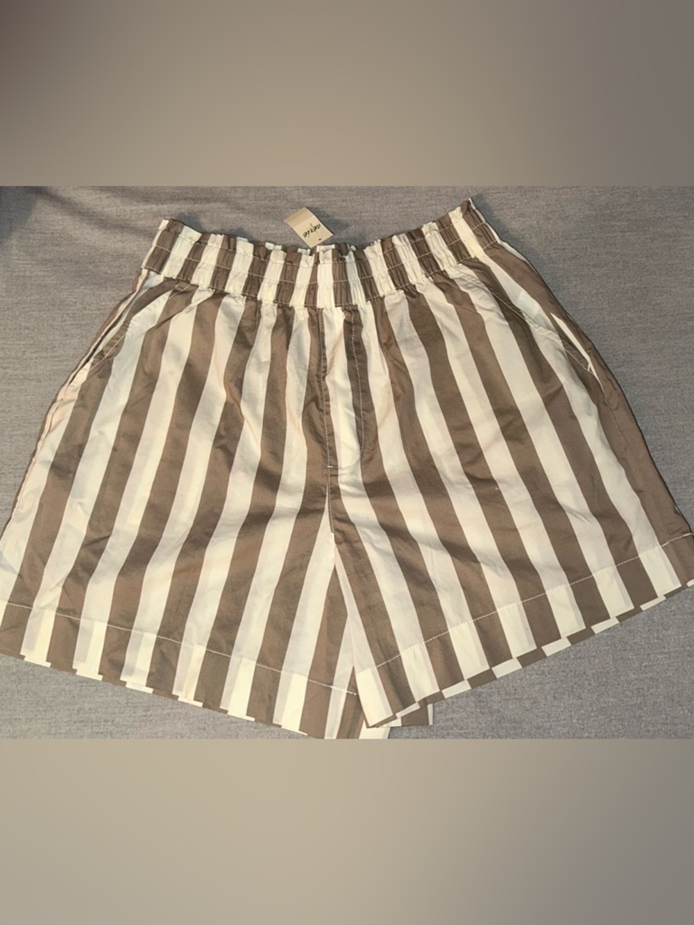 aerie Taupe and White Vertical Stripe Elastic Waist Shorts